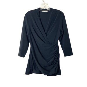 Peruvian Connection Black V-Neck Tunic Top with Ruched Side & 3/4 Sleeves Medium